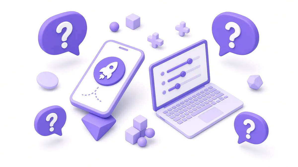 Question mark bubbles around a phone boost button and an ads laptop
