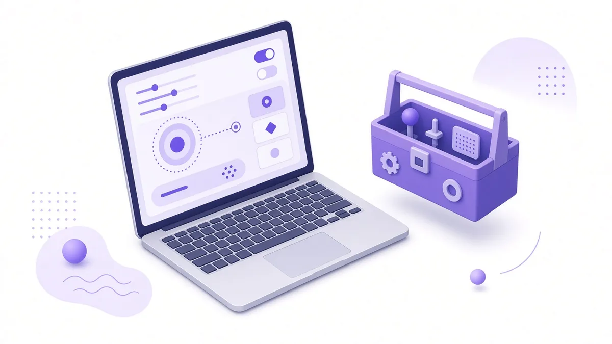 Illustration of a laptop ad control panel with sliders, audience rings and placement tiles