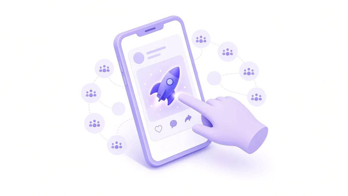 Illustration of a finger tapping a boost button on a social post shown on a phone