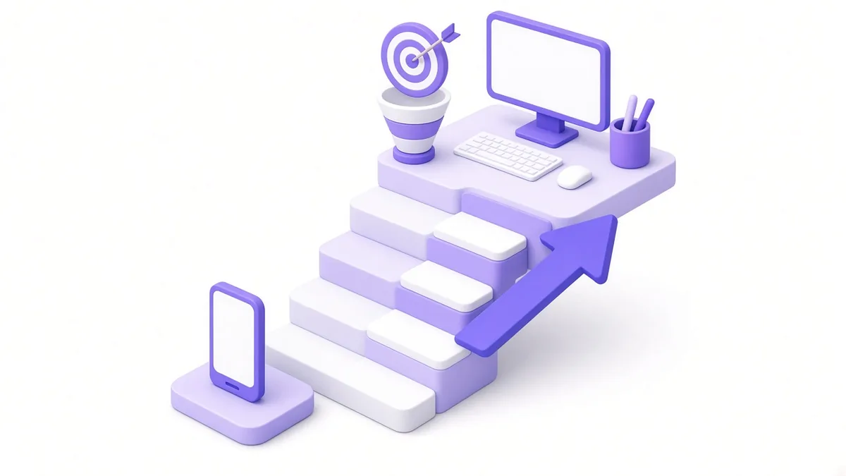 Path leading from a phone boost up to a desktop ads workstation with a funnel