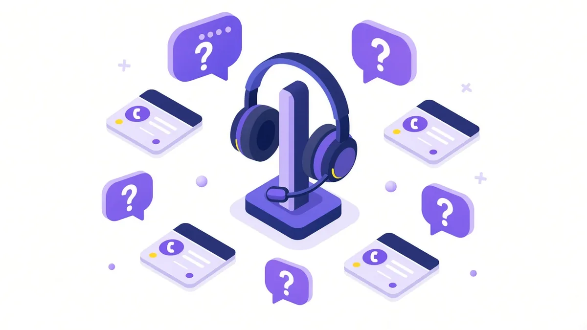Illustration of a call centre headset on a stand surrounded by question bubbles and call log cards