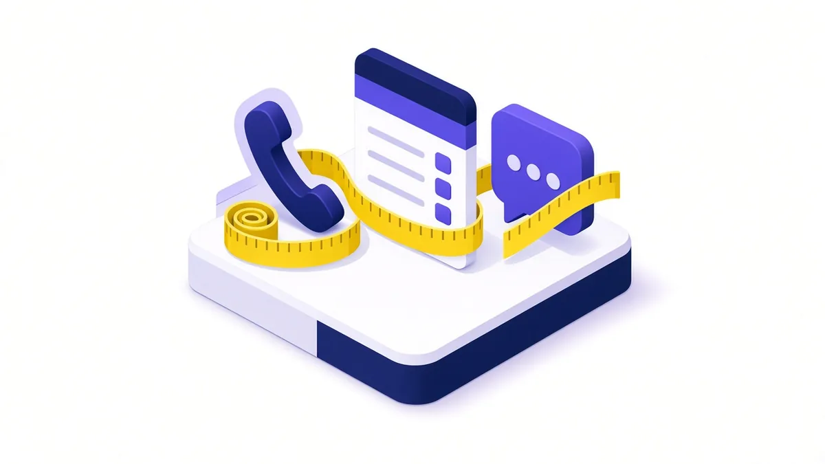 Illustration of a yellow measuring tape wrapped around a phone handset, a web form and a chat bubble