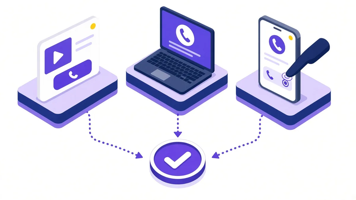 Illustration of three platforms, an ad with a call button, a website on a laptop and a tap-to-call on a phone, all feeding one conversion check