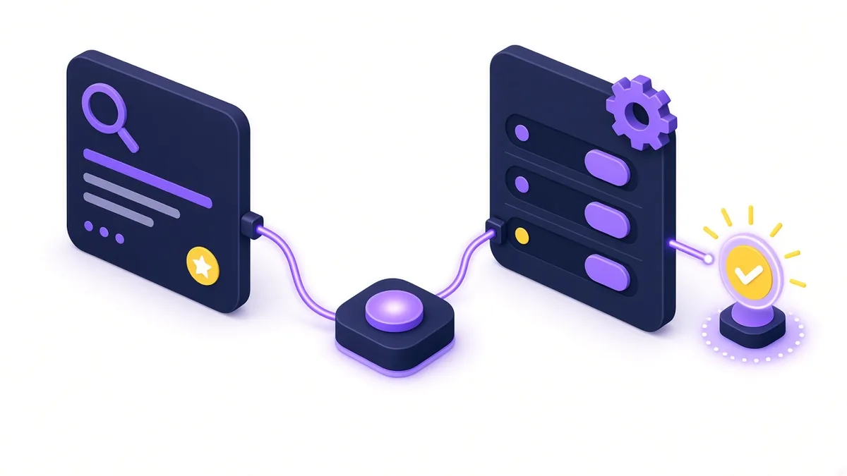 Illustration of a search ad card wired through a settings panel of toggles to a glowing conversion check light