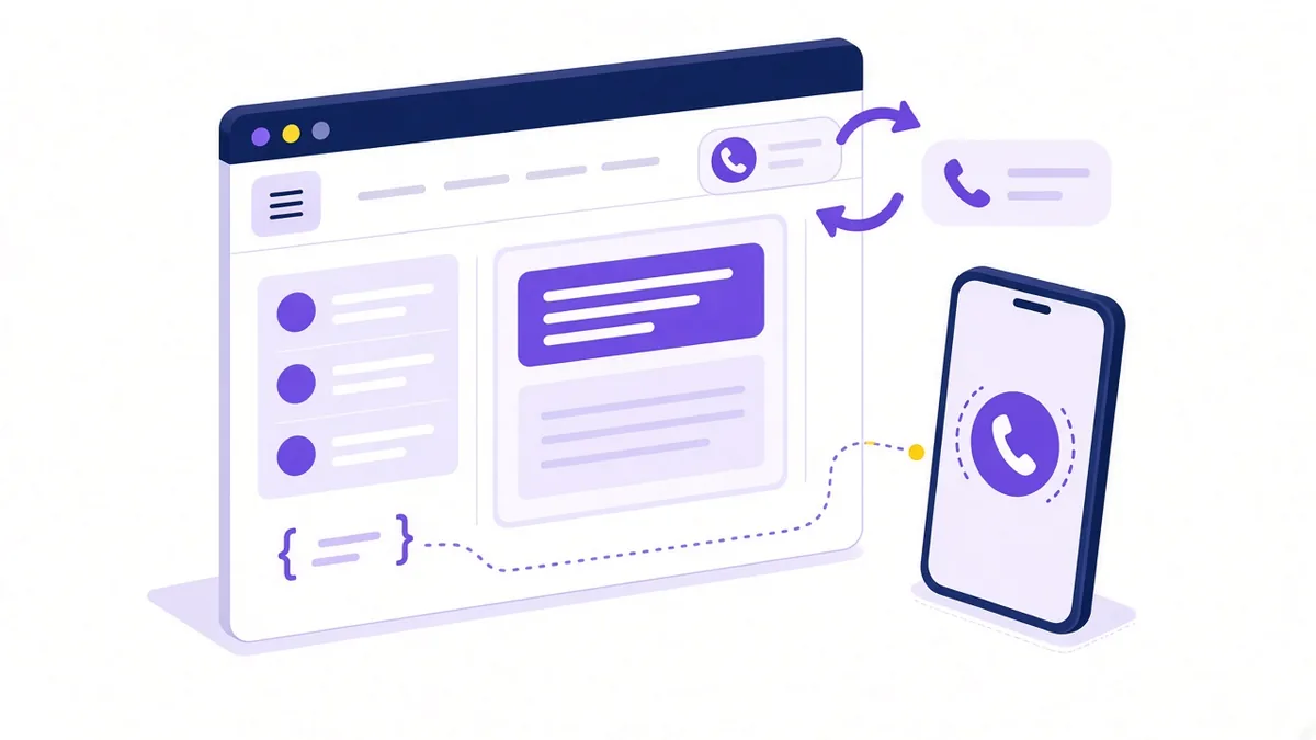Illustration of a website header phone number being swapped for a tracking number by circular arrows, linked to a ringing phone