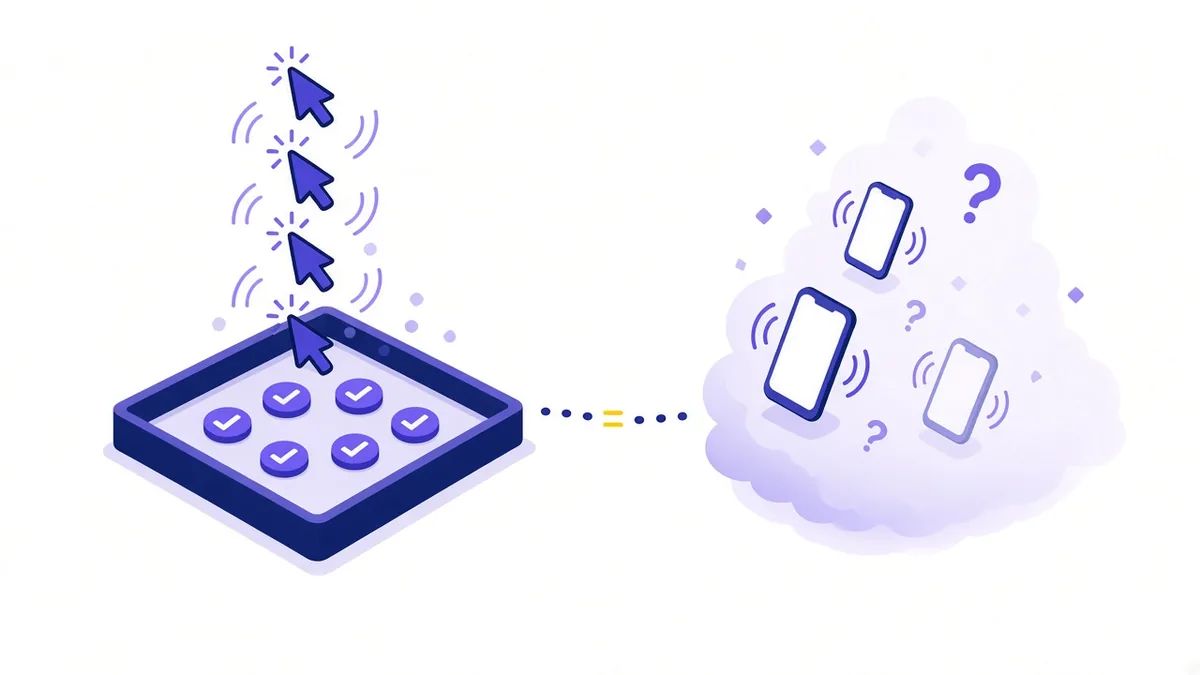 Illustration of ad clicks neatly counted in a tray while ringing phone calls drift away into a fog of question marks