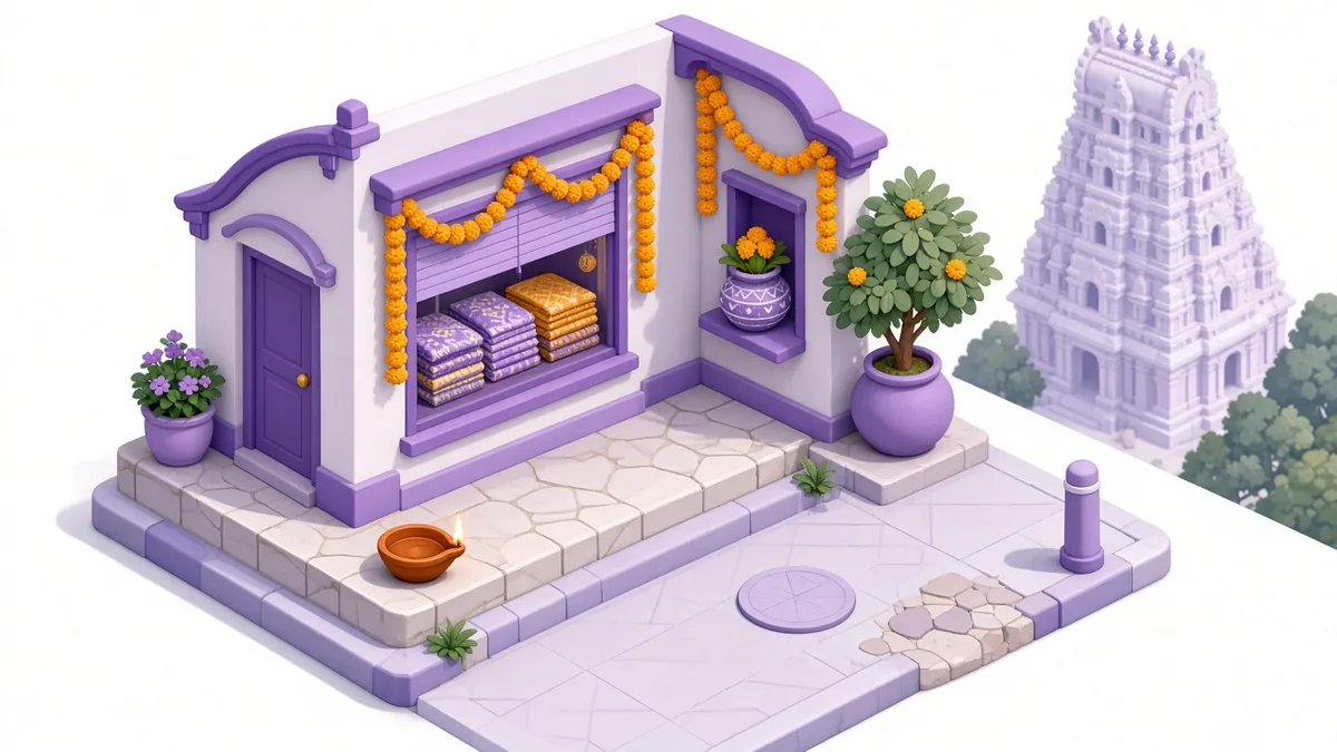 Local street with temple tower, marigold garlands and a festive shop window