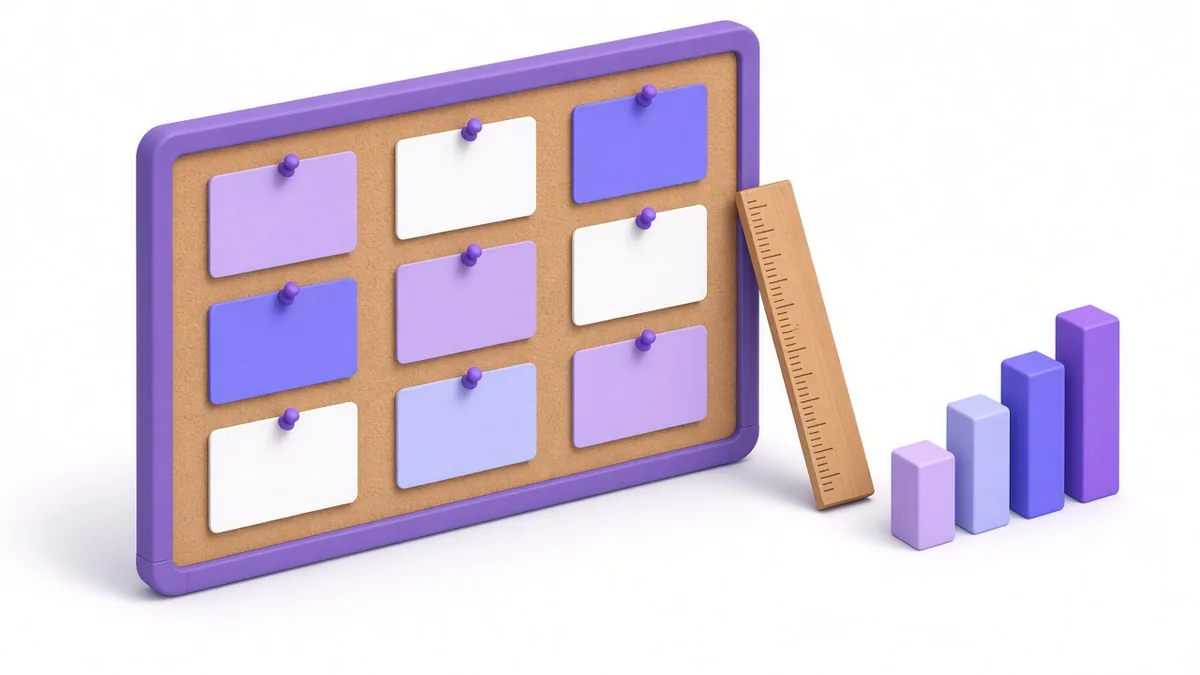 Planner board with content cards, a ruler and rising bars