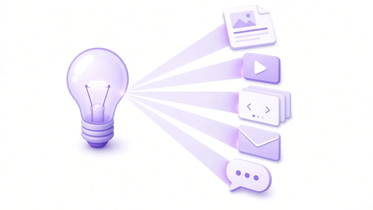 One lightbulb idea splitting into blog, video, slides, email and chat