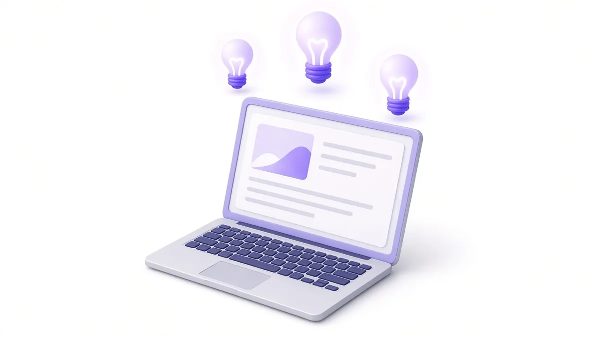 Laptop with a blog article layout and lightbulbs of ideas