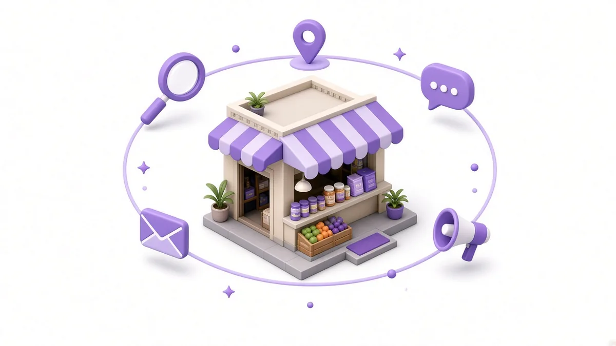 Small Indian shop surrounded by digital channels: search, maps, chat, ads and email
