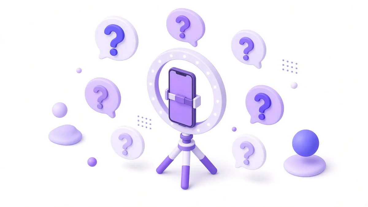 Question mark bubbles around a phone and ring light