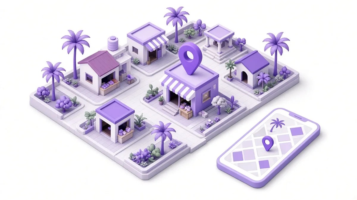 Street map with a location pin on a local shop and a phone showing the pin