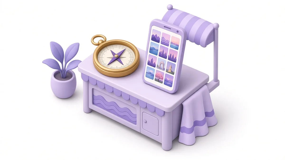 Compass pointing toward a phone photo grid on a shop counter
