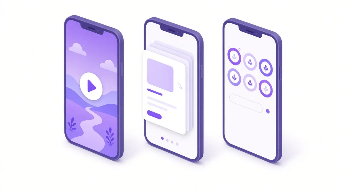 Three phone screens showing a vertical video, swipeable slides and a story bubble