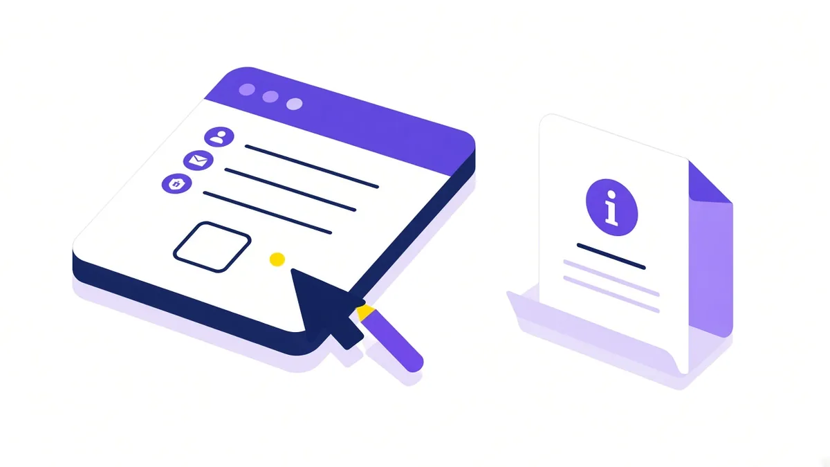 Illustration of a sign-up form with an unticked consent checkbox beside a notice card marked with an information symbol