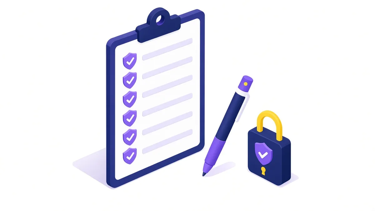 Illustration of a clipboard checklist with shield check marks, a pen and a padlock