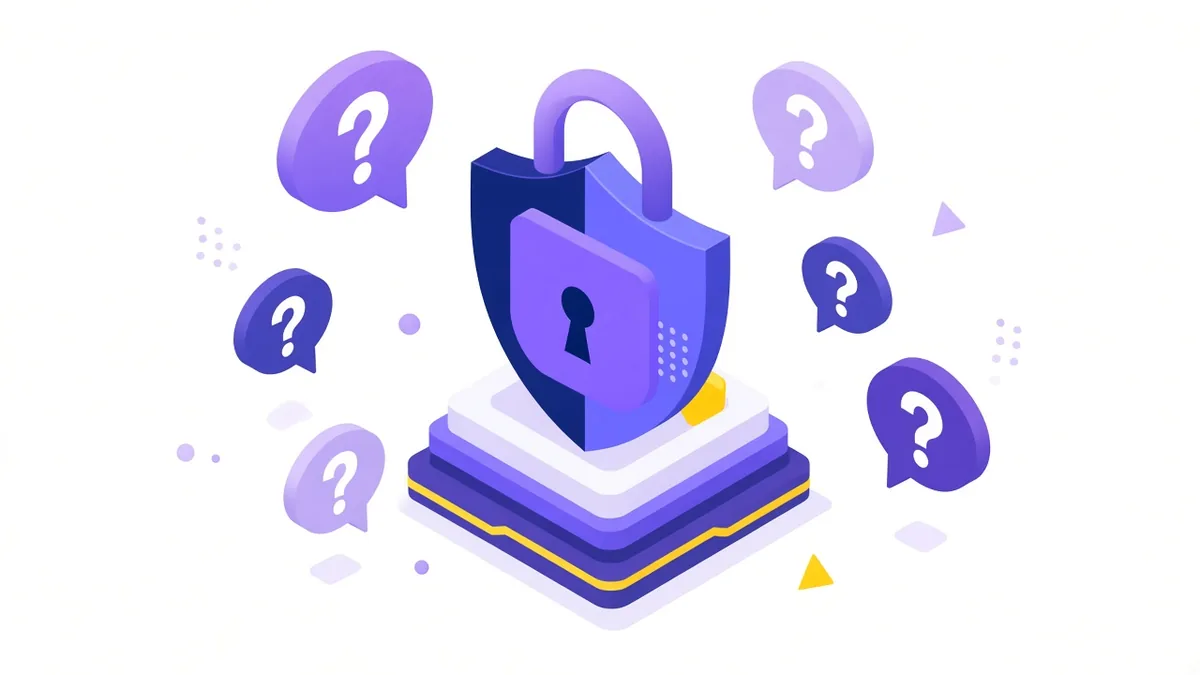 Illustration of a padlock shield on a pedestal surrounded by question bubbles