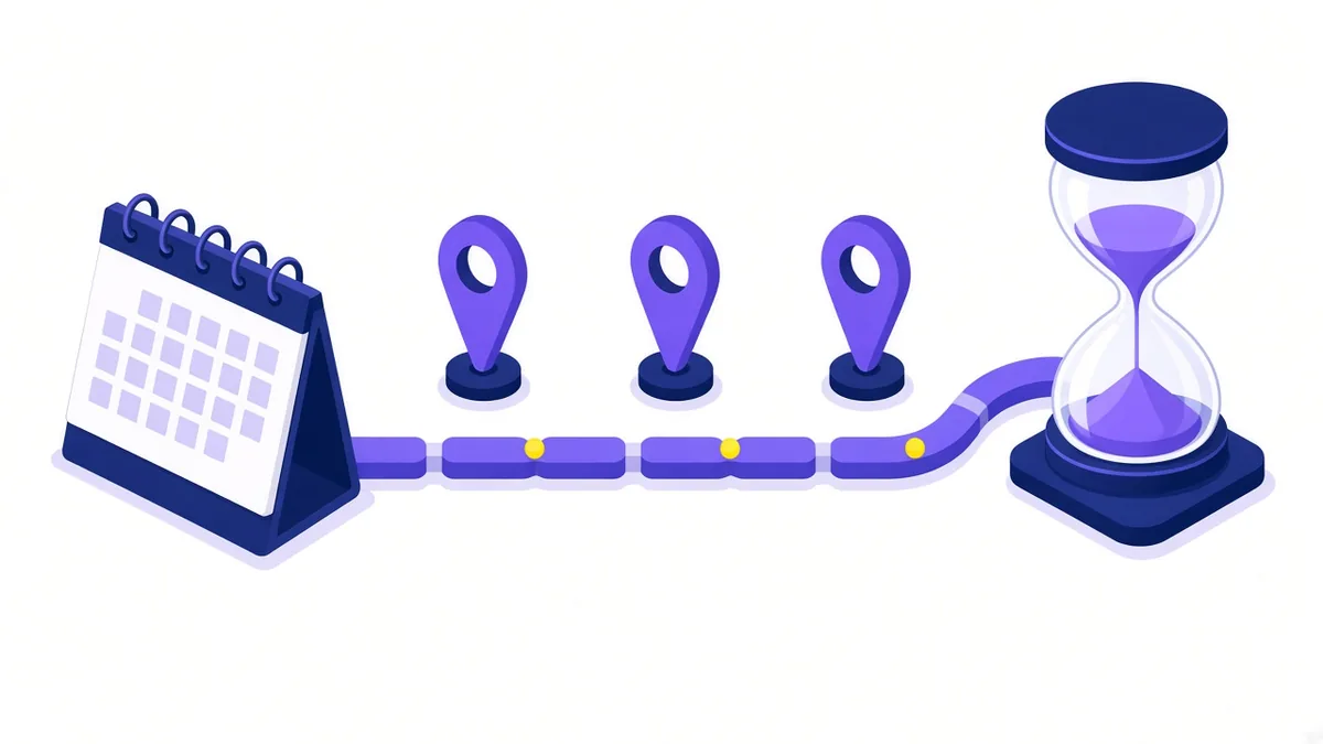 Illustration of a calendar leading along a timeline of milestone pins to an hourglass, showing phased compliance deadlines