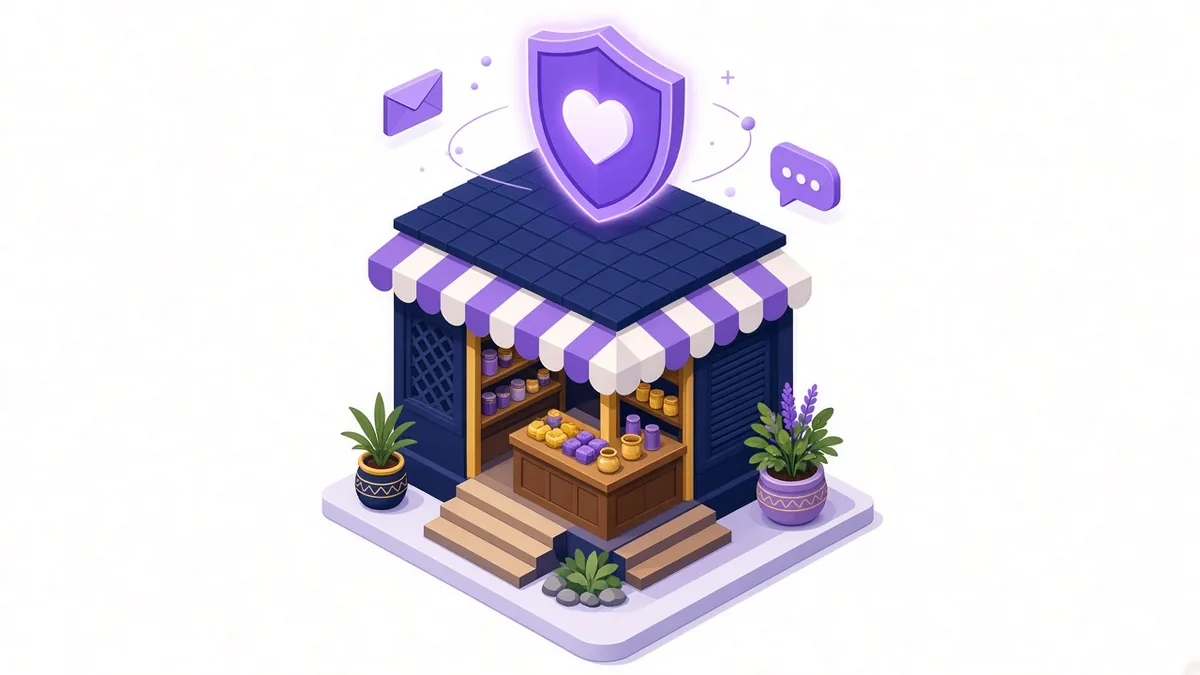 Illustration of a small Indian shopfront with a striped awning protected by a glowing shield with a heart