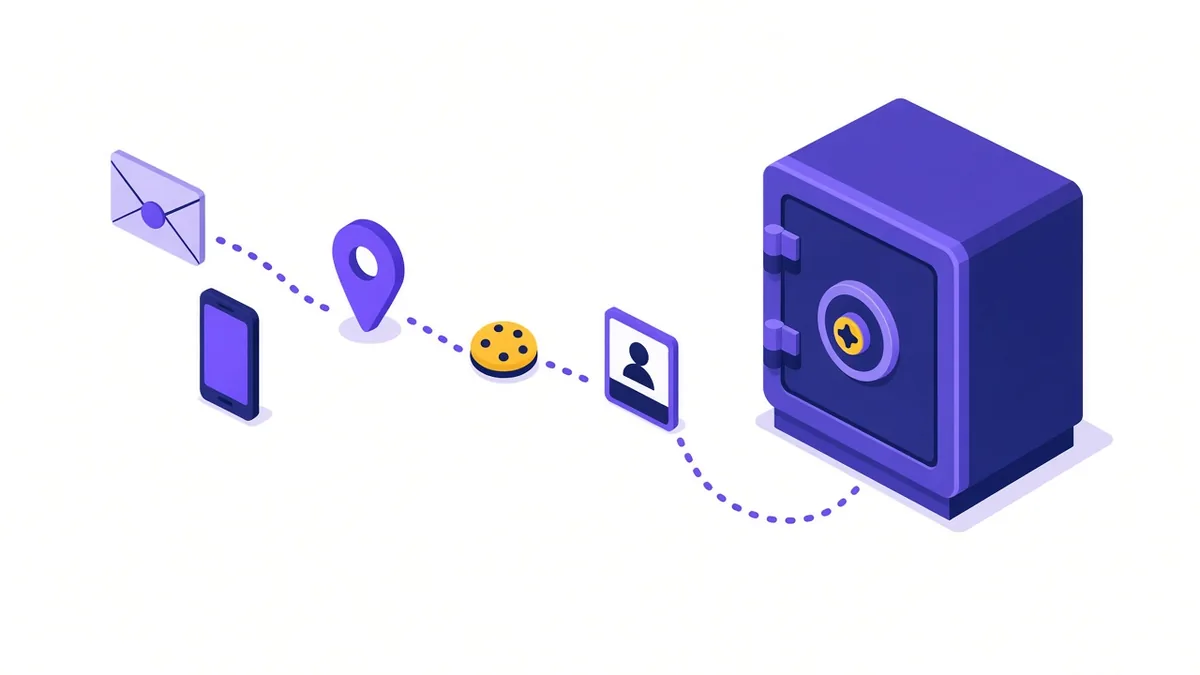 Illustration of an envelope, phone, location pin, cookie and ID card flowing along a path into a secure vault