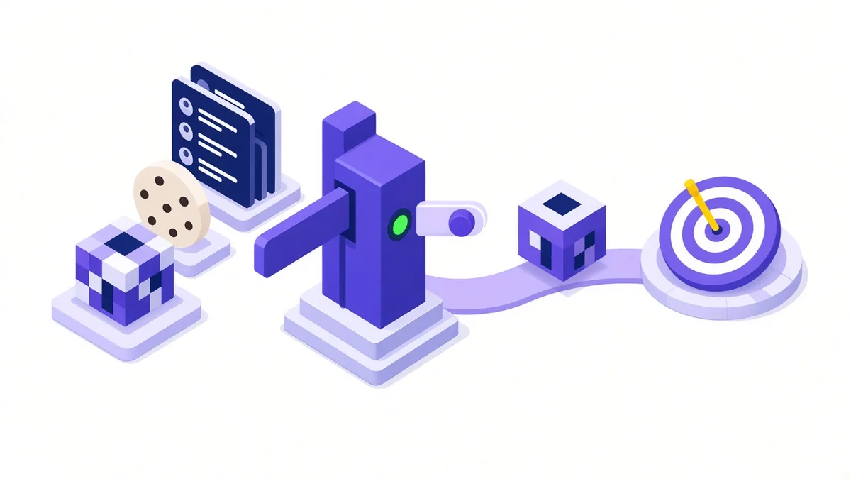 Illustration of a tracking pixel, a cookie and a customer list waiting at a consent turnstile before reaching an ad audience target
