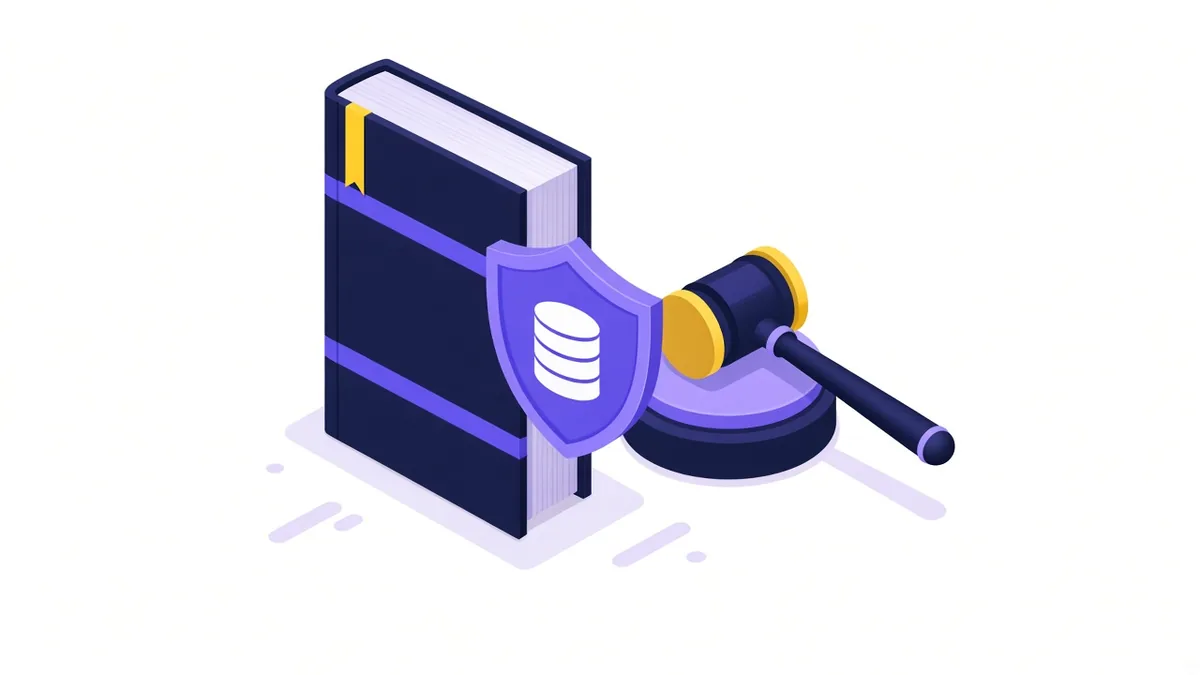 Illustration of a law book and gavel with a shield guarding a database, representing India's data protection law