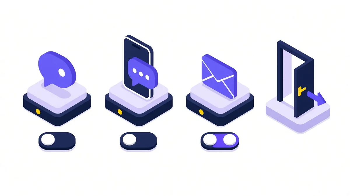 Illustration of chat, SMS and email message icons each with an opt-in toggle, next to an open unsubscribe door