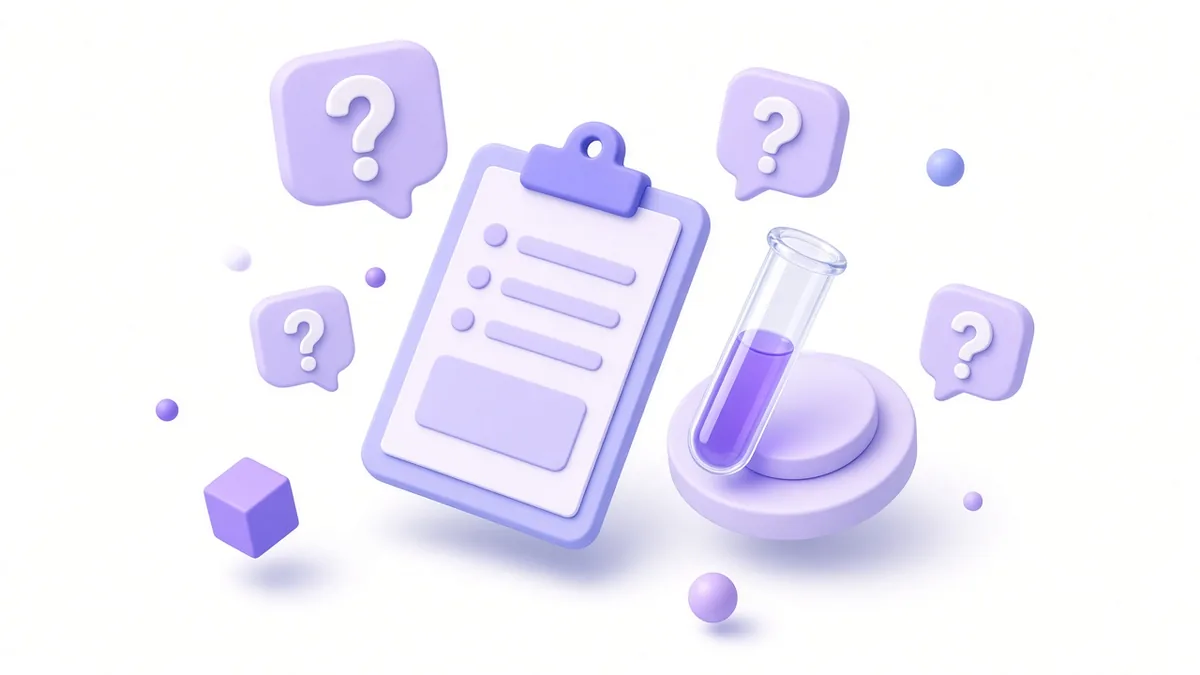 Question mark bubbles around a lead form and a test tube
