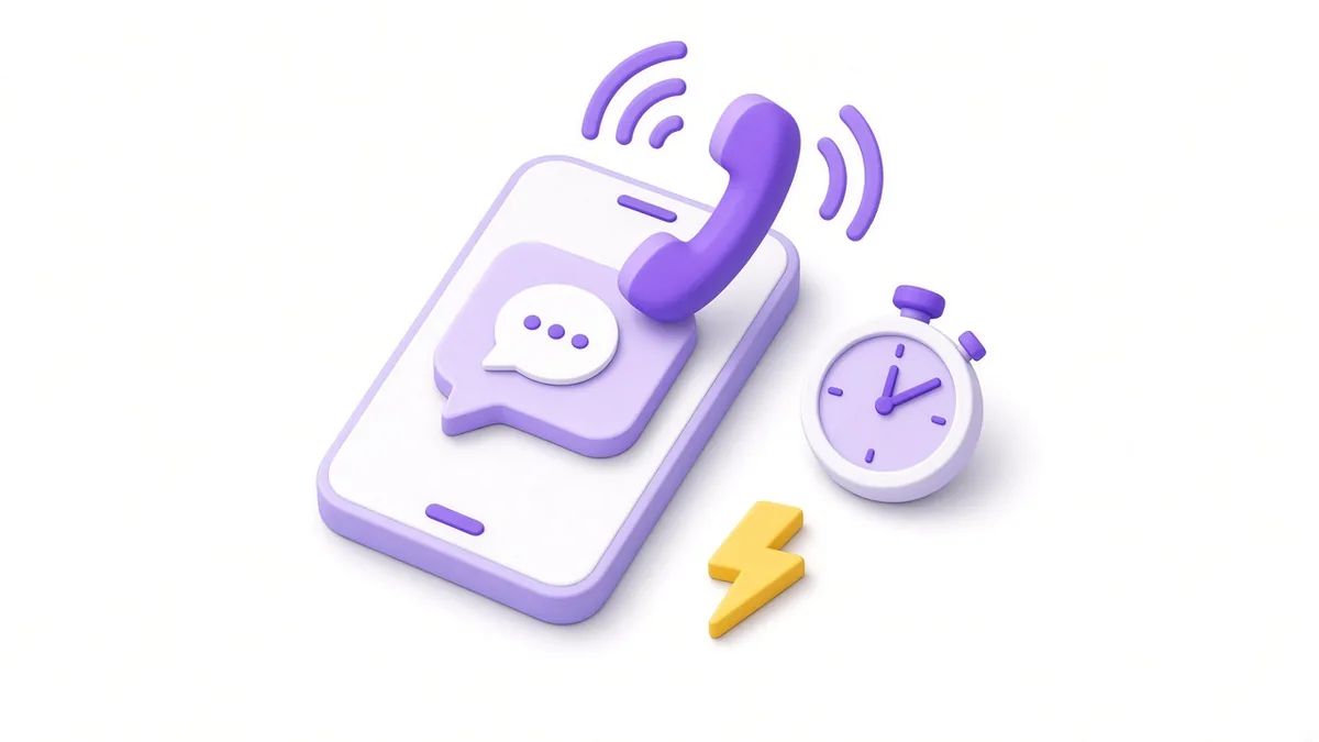 Phone with chat bubble and call icon, lightning bolt and stopwatch for fast lead replies