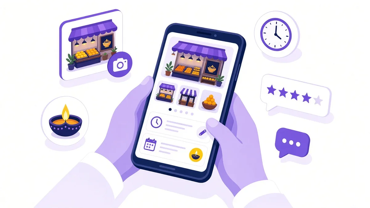 Illustration of hands updating a sweet shop's listing on a phone with photos, opening hours, festival hours and review replies