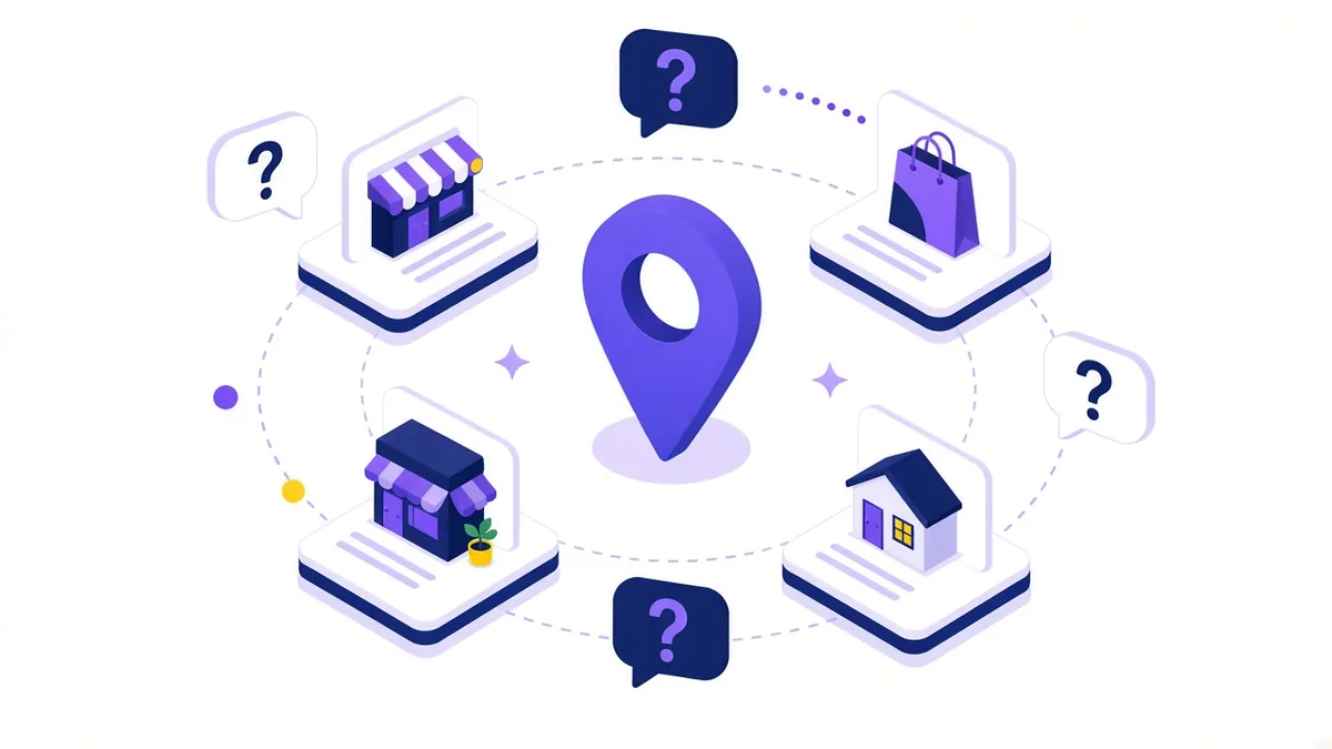 Illustration of a large map pin surrounded by question bubbles and local business listing cards