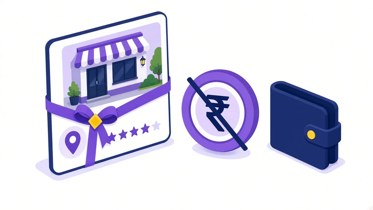 Illustration of a business listing card tied with a gift ribbon beside a crossed-out rupee coin, showing the profile itself is free