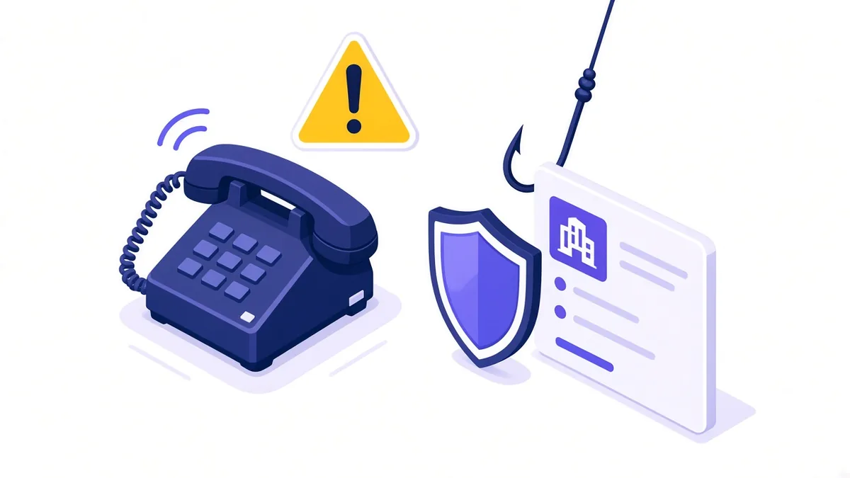 Illustration of a ringing phone with a warning sign and a shield blocking a hook aimed at a business listing