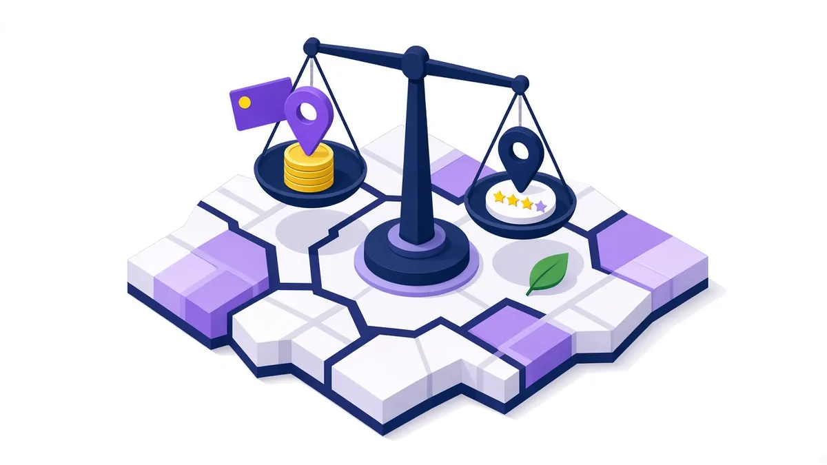 Illustration of a balance scale on a map weighing a paid map pin with coins against a free pin with star ratings