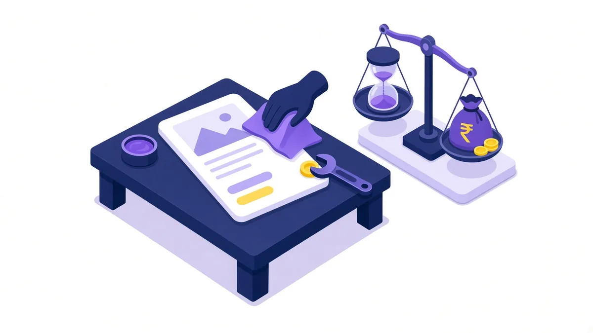 Illustration of a business listing being polished on a workbench next to a scale weighing your time against a fee