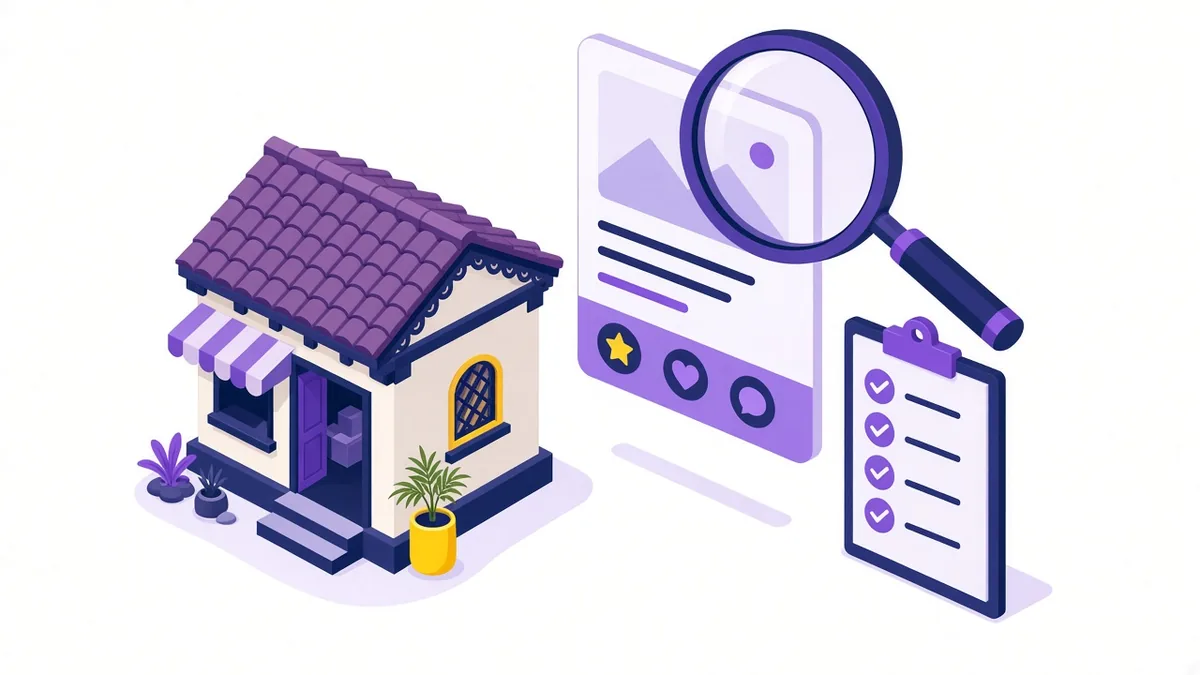 Illustration of a magnifying glass reviewing a listing card for a Tamil Nadu tiled-roof shop with a ticked checklist