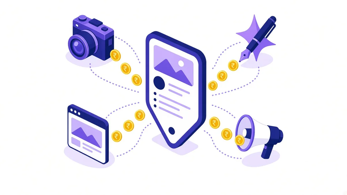 Illustration of optional paid extras around a business listing: photography, optimisation, ads and a website, each with rupee coins