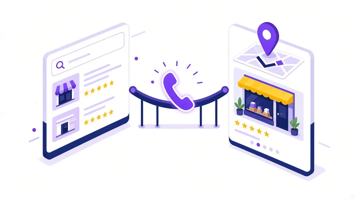 Illustration of a search ad and a map business profile joined by a phone icon bridge, both sending calls to one shop