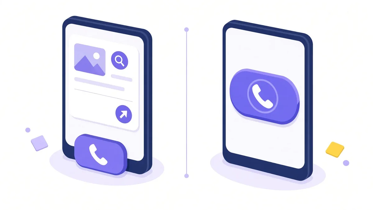Illustration comparing a standard search ad with an attached call button and a call-only ad that is one large call button