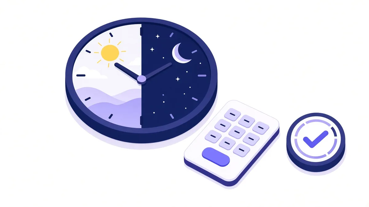 Illustration of a day and night clock for call hours beside a phone keypad and an approval check stamp