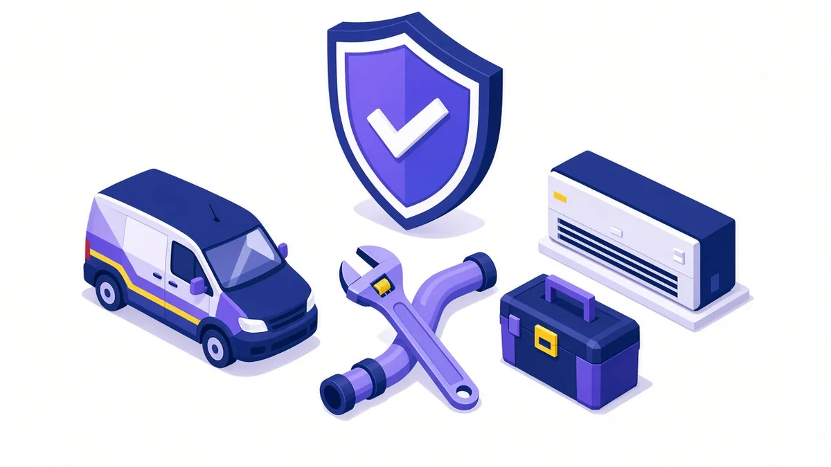 Illustration of home service trades, a van, plumbing tools, an AC unit and a toolbox, under a verified badge