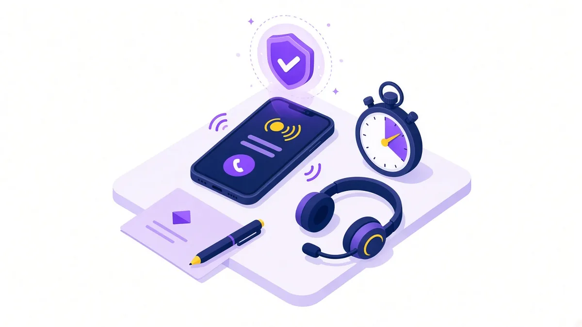 Illustration of a ringing phone with a stopwatch, a headset and a glowing check badge for a counted call conversion