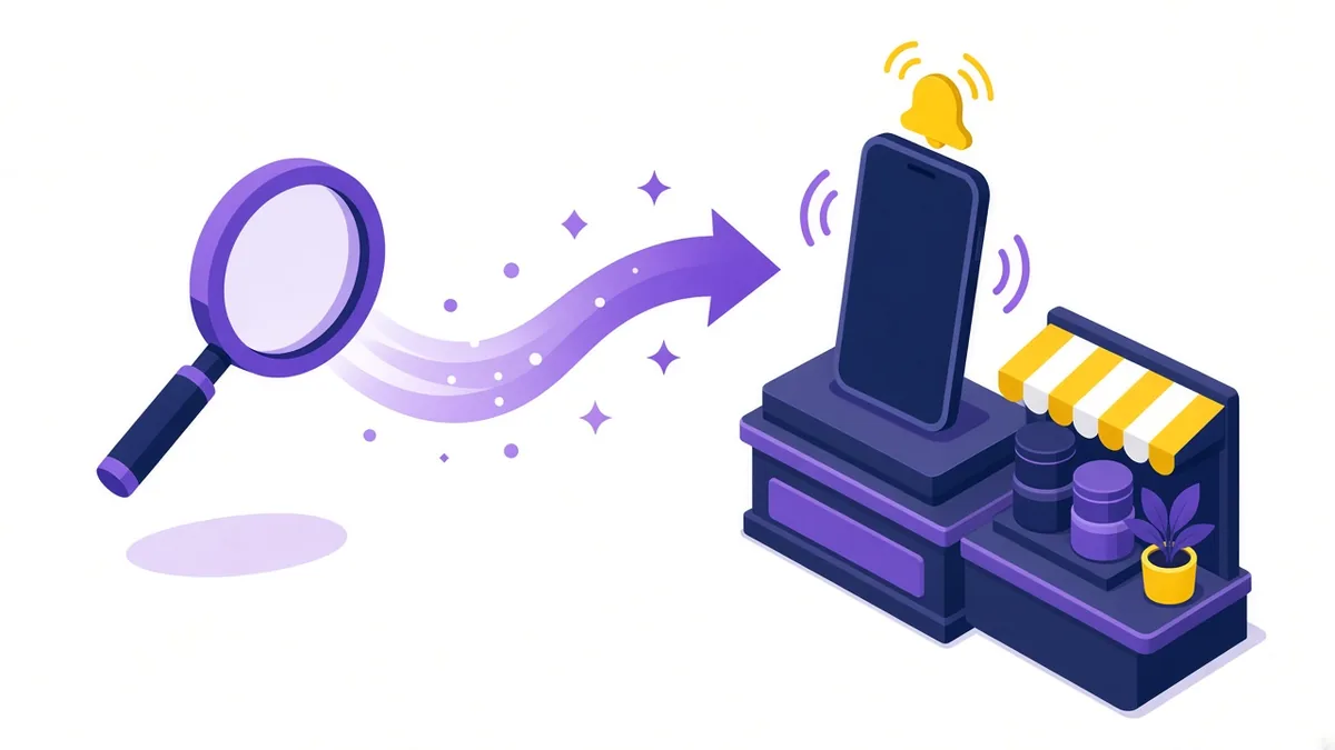 Illustration of a search magnifier turning into a ringing phone at a small shop counter