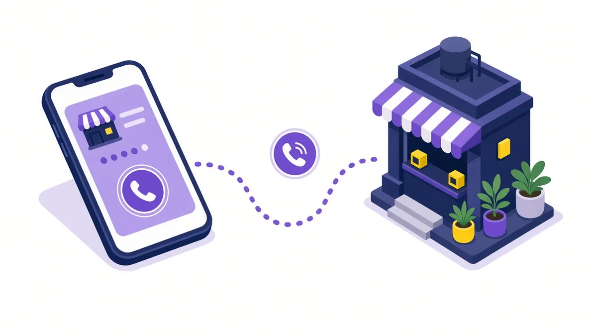 Illustration of a phone showing a search ad with a call button, with a dotted call path leading to a small local shop
