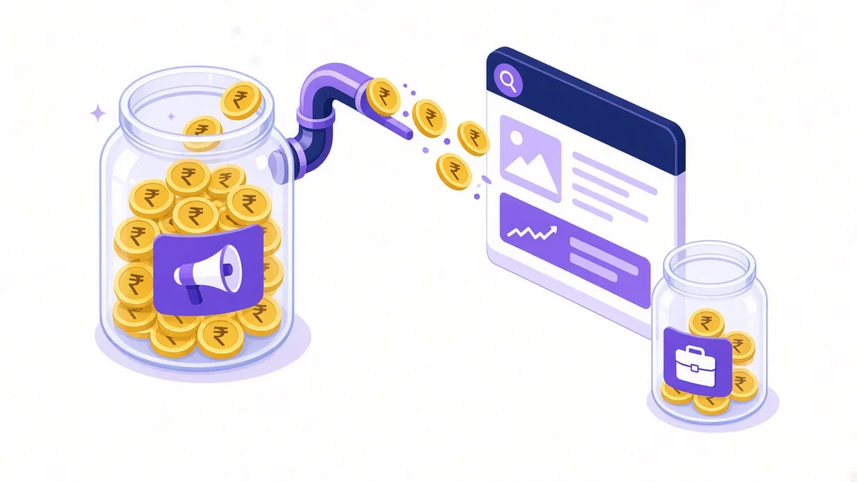 Illustration of a large ad spend jar of rupee coins flowing to a search ad panel and a smaller separate jar for the agency fee
