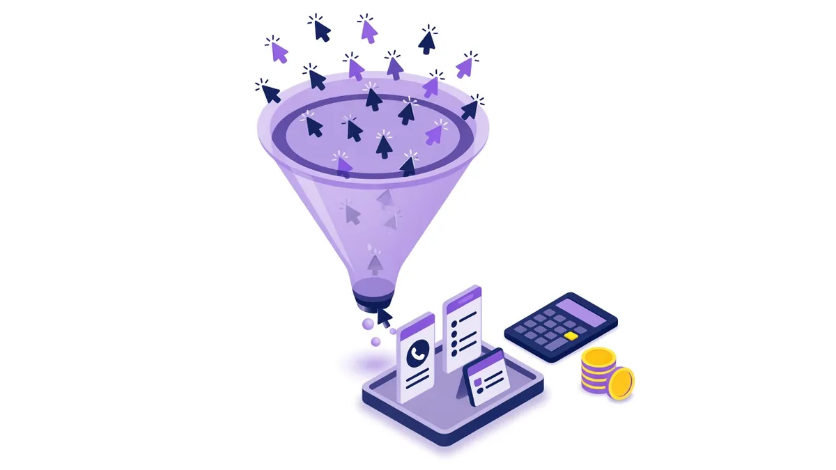 Illustration of a funnel turning many ad clicks into a few call and form leads, with a calculator and coins