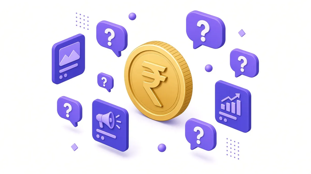 Illustration of a large rupee coin surrounded by question bubbles and ad cards for common Google Ads cost questions