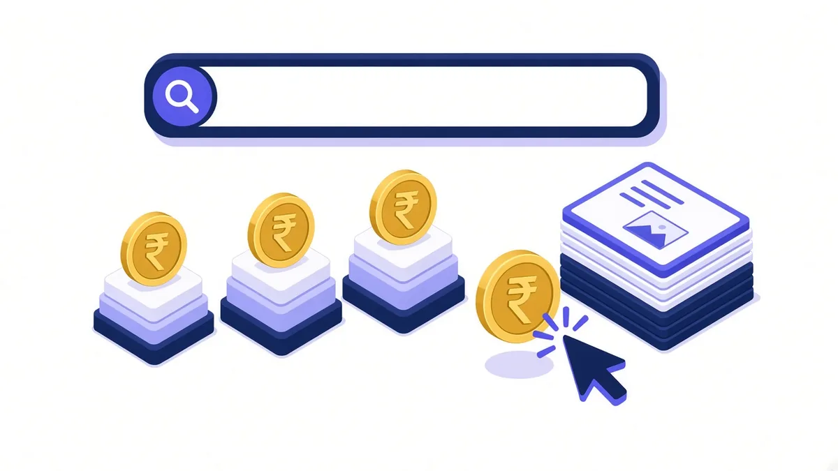 Illustration of a search ad auction with rupee coins on podiums below a search bar and a cursor clicking one coin, showing pay per click