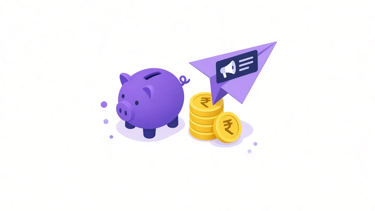 Illustration of a small piggy bank and a few rupee coins launching an ad card shaped like a paper plane, showing there is no minimum budget